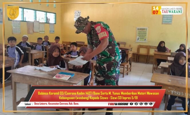 
					Babinsa Koramil 03/Cenrana Berikan Materi Wawasan Kebangsaan di SD Inpres 5/81 Bone