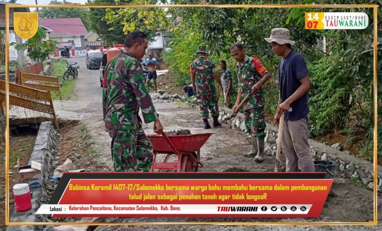 Babinsa Koramil 1407-17/Salomekko Bersama Warga Bangun Talud Jalan di Kelurahan Pancaitana