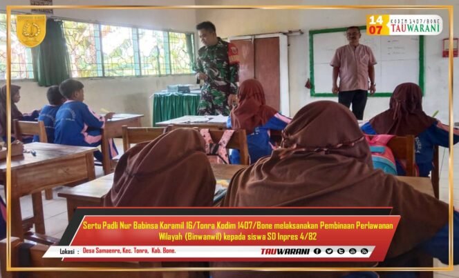 
					Babinsa Koramil 16/Tonra Berikan Pembinaan Perlawanan Wilayah kepada Siswa SD di Desa Samaenre