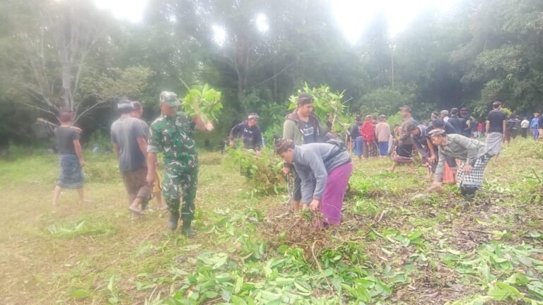 Babinsa dan Bhabinkamtibmas Bersama Warga Desa Pengotan Gotong Royong Persiapan Upacara Ngaben Massal