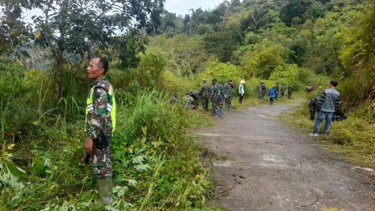 Anggota Satgas TMMD Ke 123, Bersama warga Goro Bahu Jalan Dan Pemotongan Pohon Kayu.