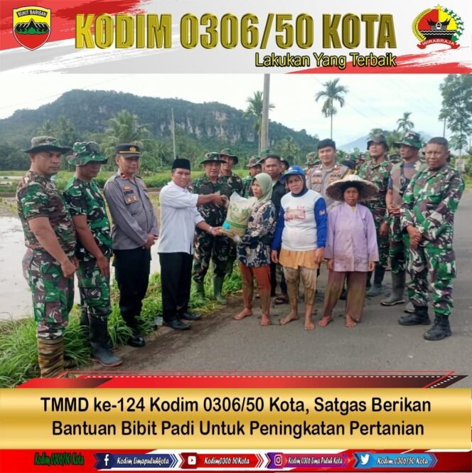 
					TMMD ke-124 Kodim 0306/50 Kota, Satgas Berikan Bantuan Bibit Padi Untuk Peningkatan Pertanian