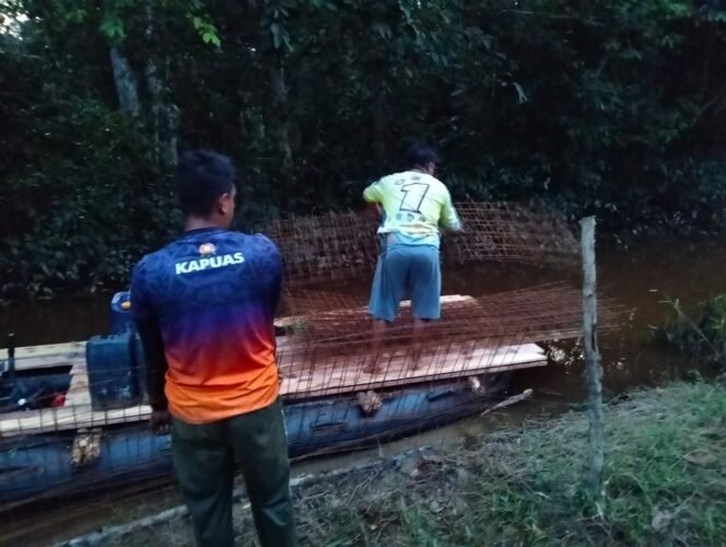 
Lewati Sungai, Satgas TMMD 1012/Buntok Bawa Besi ke Lokasi Pengecoran