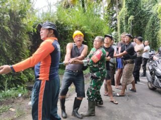 Aparat Gabungan Bersatu Lakukan Penanganan Musibah Tumbangnya Pohon Beringan Di Desa Getakan