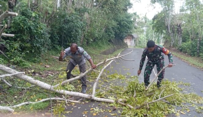 
					Babinsa Jajaran Korem 012/TU Bersama Linmas Amankan Akses Jalan Warga