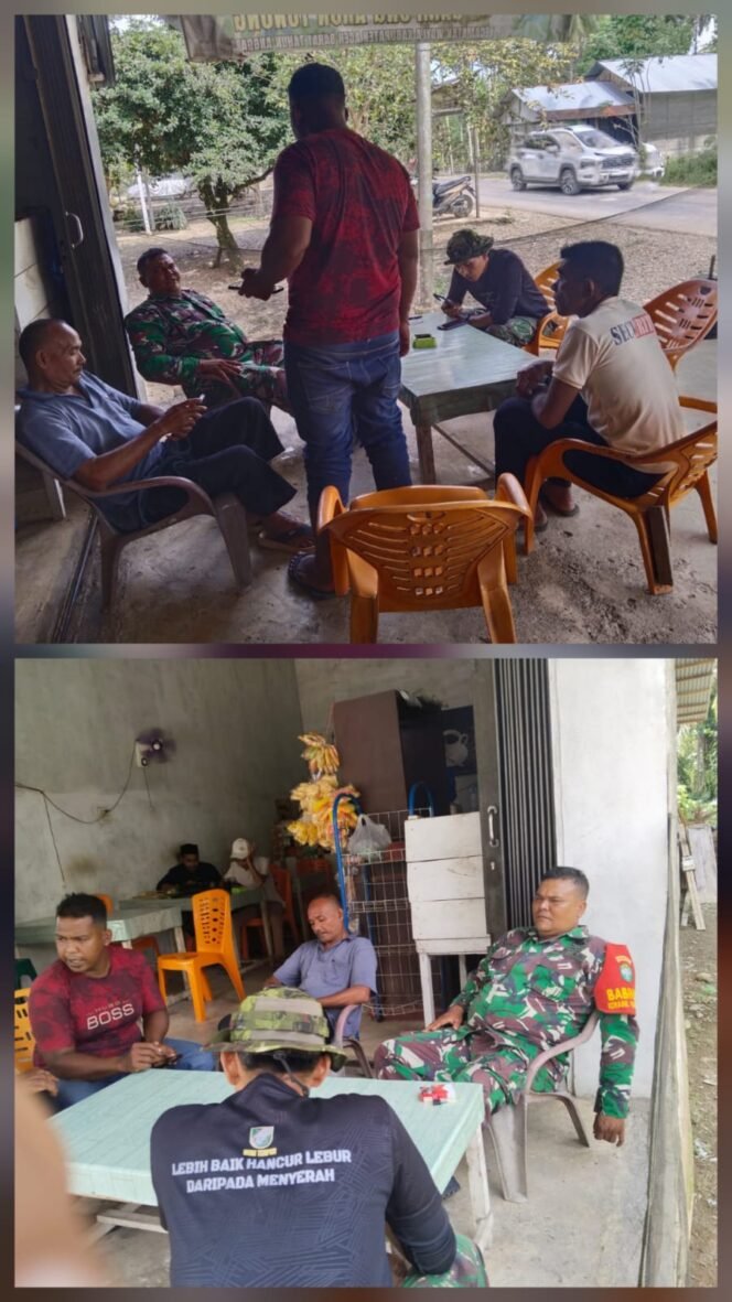 
					Babinsa Koramil 02/Woyla Laksanakan, Serbuan Teritorial Melalui Komsos dengan Tokoh Masyarakat di Wilayah Binaan