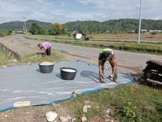 Babinsa Koramil 01/Jaya Bantu Warga Jemur Kelapa Parut di Lamno