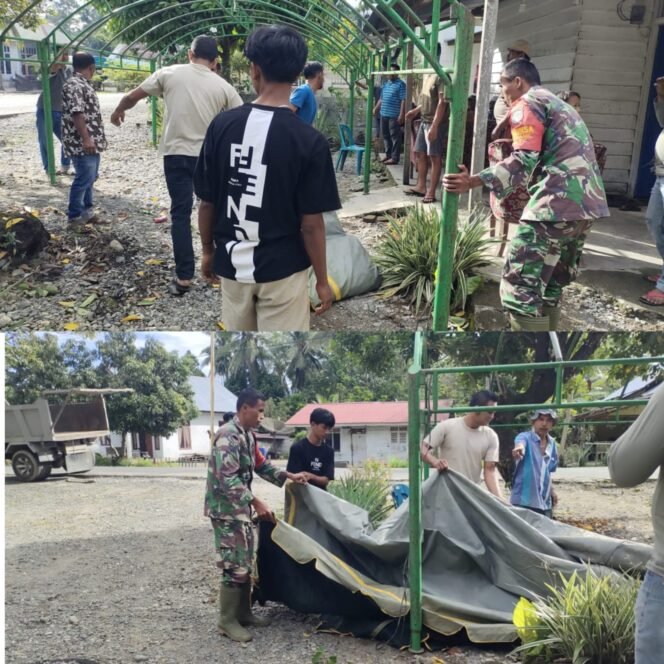 
					Kebersamaan Babinsa Posramil 05/Pante Ceureumen dan Warga, Dirikan Teratai Sambut Acara Hajatan